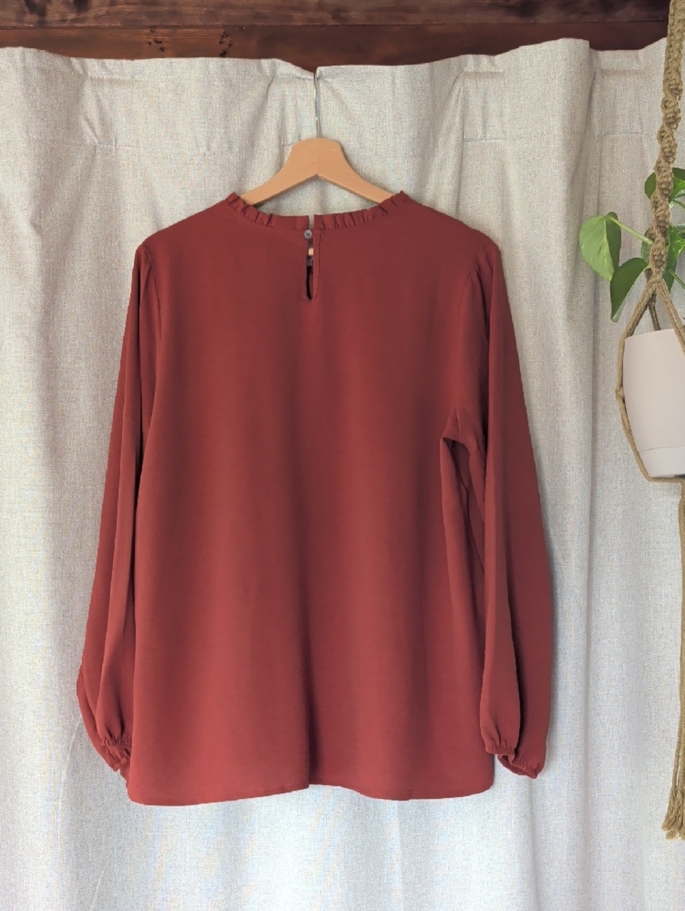Long Sleeve Ruffle-Neck Blouse - Rust - Picture 5 of 6